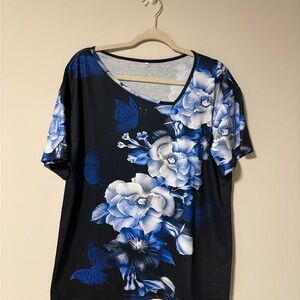 Floral Blue and Black Women's Short Sleeve Blouse 2X
